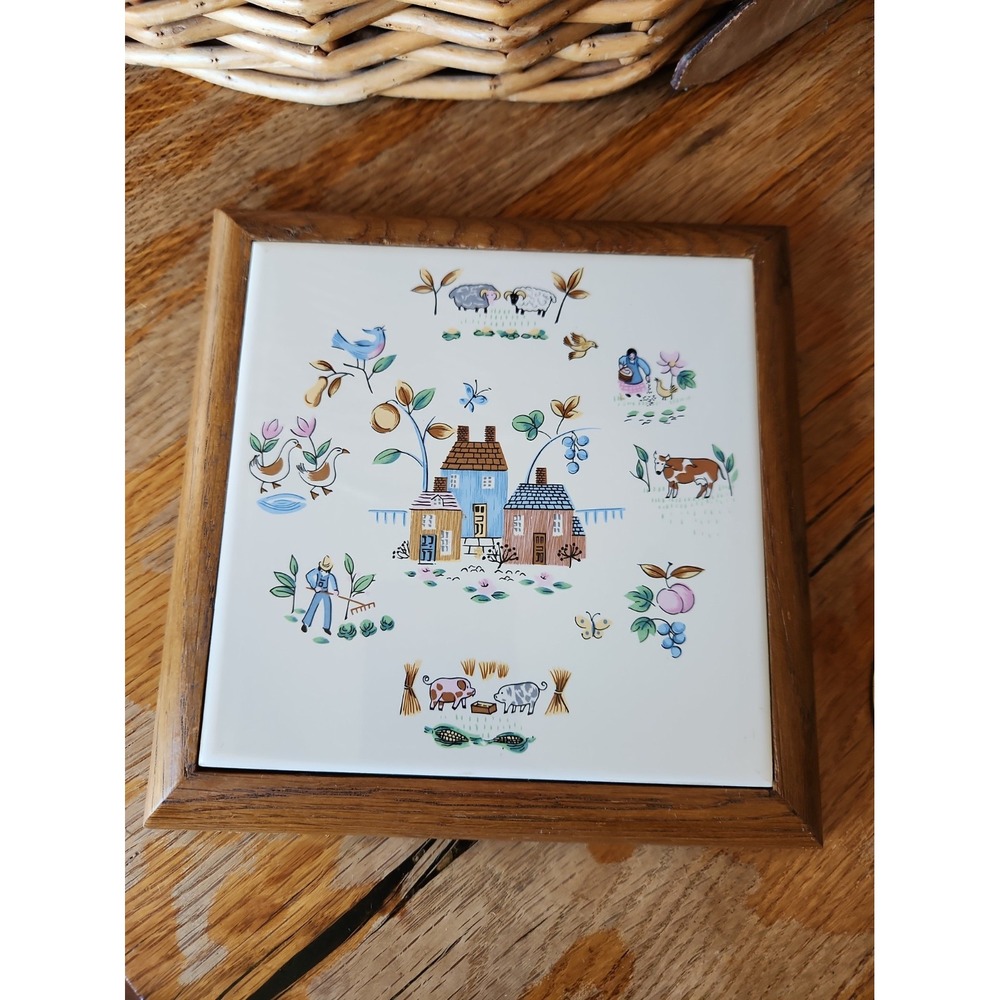 Vtg 80s Heartland Ceramic Wood Trivet Country Cottagecore Farmhouse